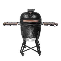 24 inch Kamodo Ceramic Charcoal BBQ Grill & Smoker with Cart + Side Shelves - Carbon Black 